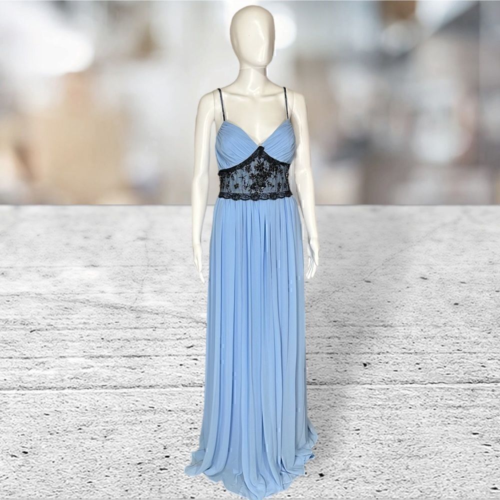 Pearl by Georgia Light Blue Black Lace Beaded Waist Gown